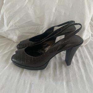 Nine West Heels Brown Peep Toe Platform Lizard Embossed Shoes Size 7.5